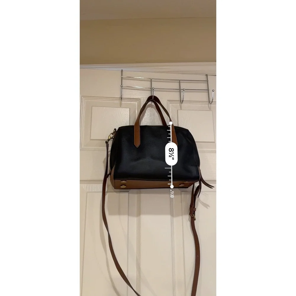 Fossil Sydney Satchel Black Brown Leather Trim Crossbody Bag